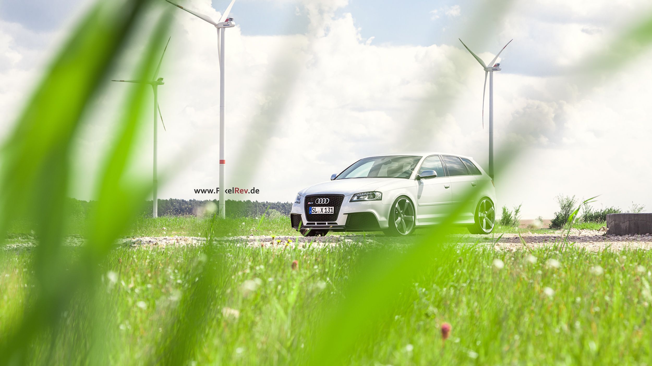 Weißer Audi RS3 Sportback hinter unscharfen Gräsern im Windpark