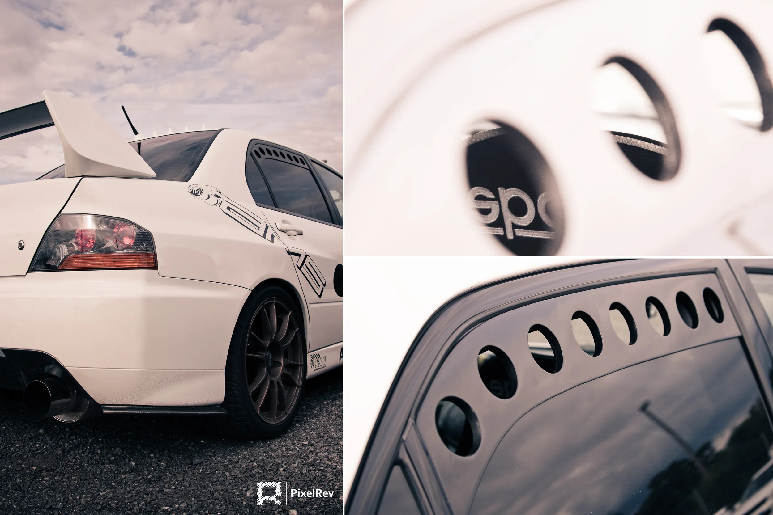 Collage aus dem Heck eines weißen Mitsubishi Lancer Evolution und Sparco-Details