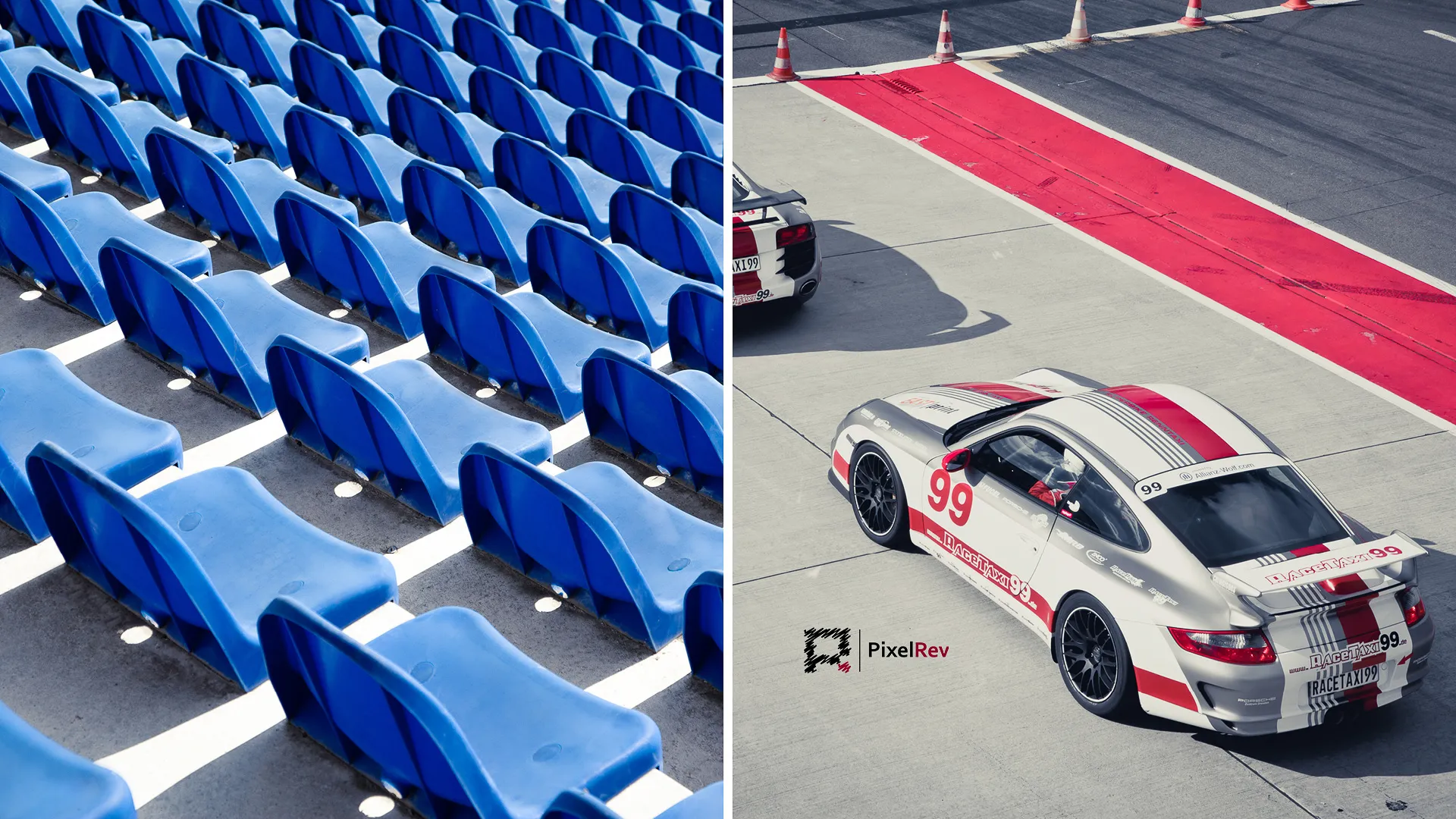 Collage aus blauen Tribünensitzen und einem Porsche 911 in der Boxengasse am Lausitzring