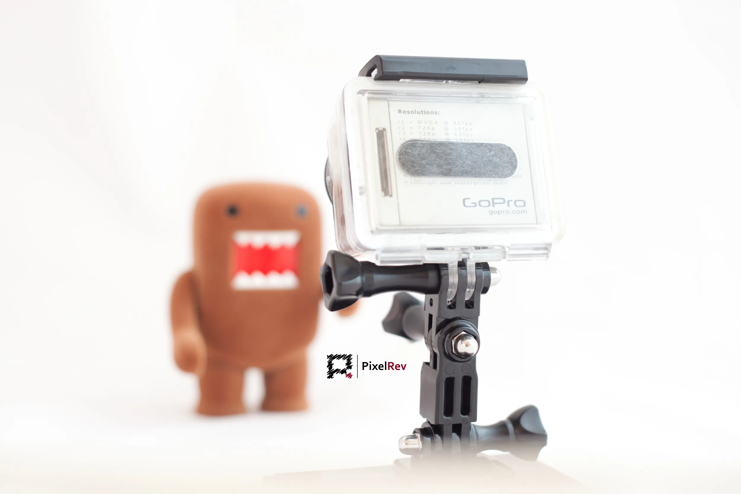 Domo-Plüschfigur vor einer GoPro-Kamera im Schutzgehäuse