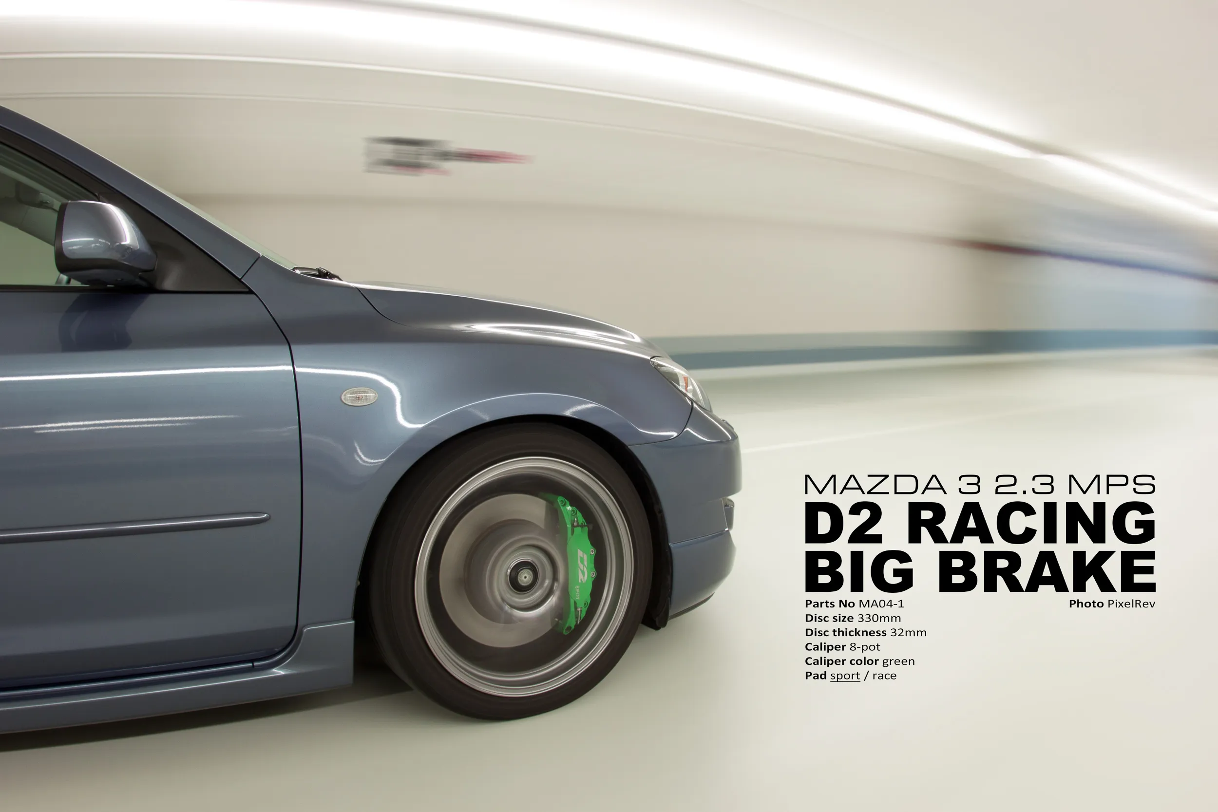 Mazda 3 MPS im Rig Shot mit Werbetext zur D2 Racing Big Brake
