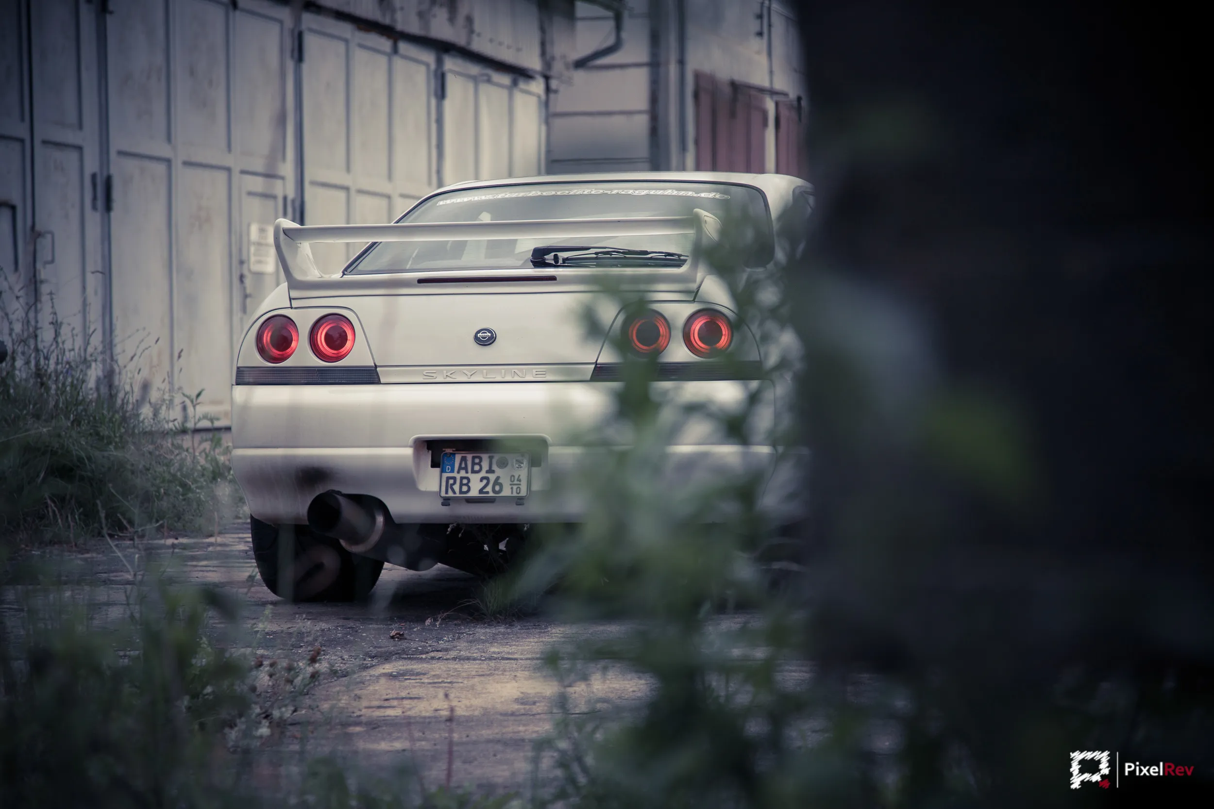 Heck des Nissan Skyline R33 GT-R durch Pflanzen fotografiert