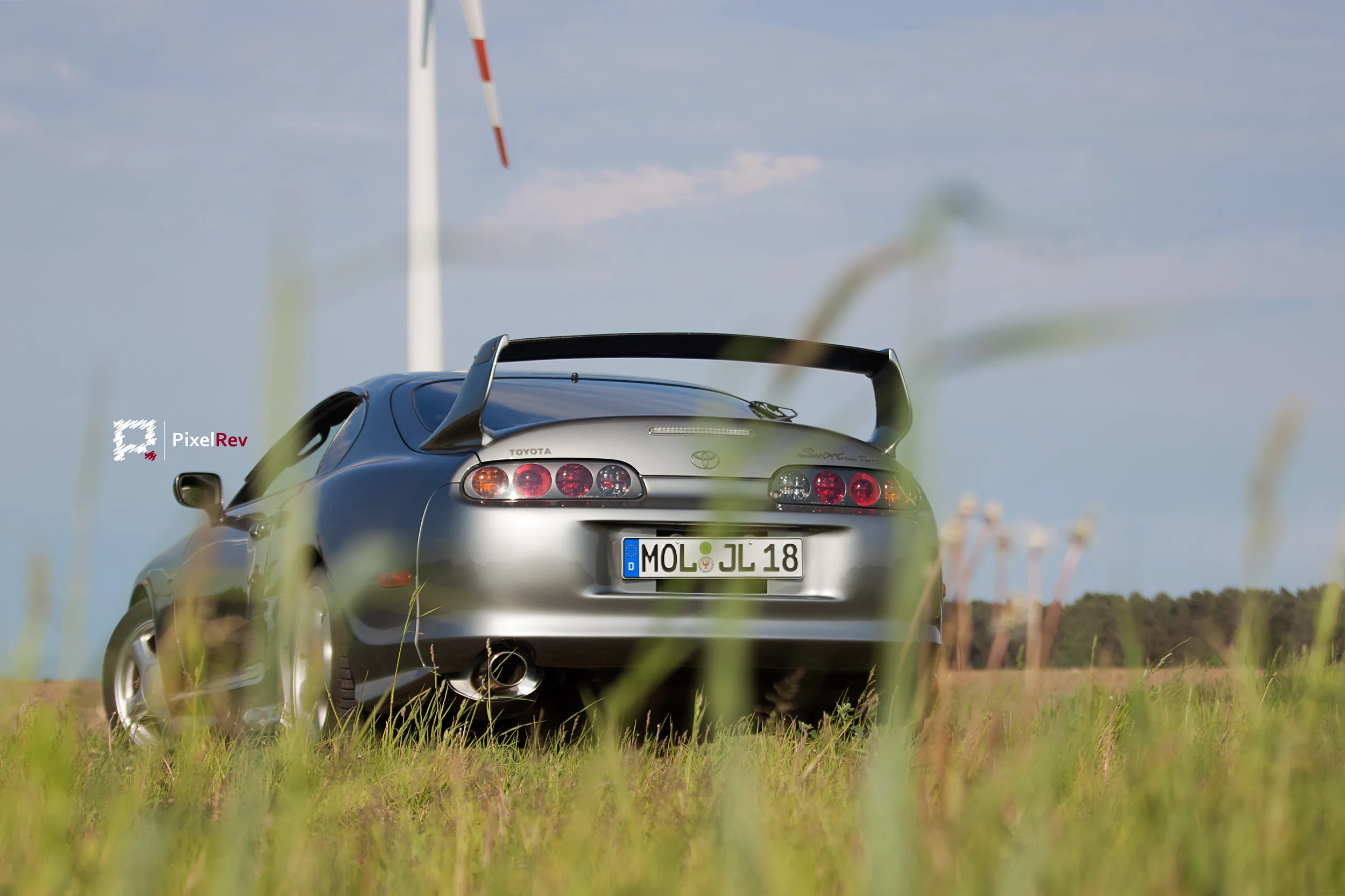 Heck des silbernen Toyota Supra Mk4, durch hohes Gras fotografiert